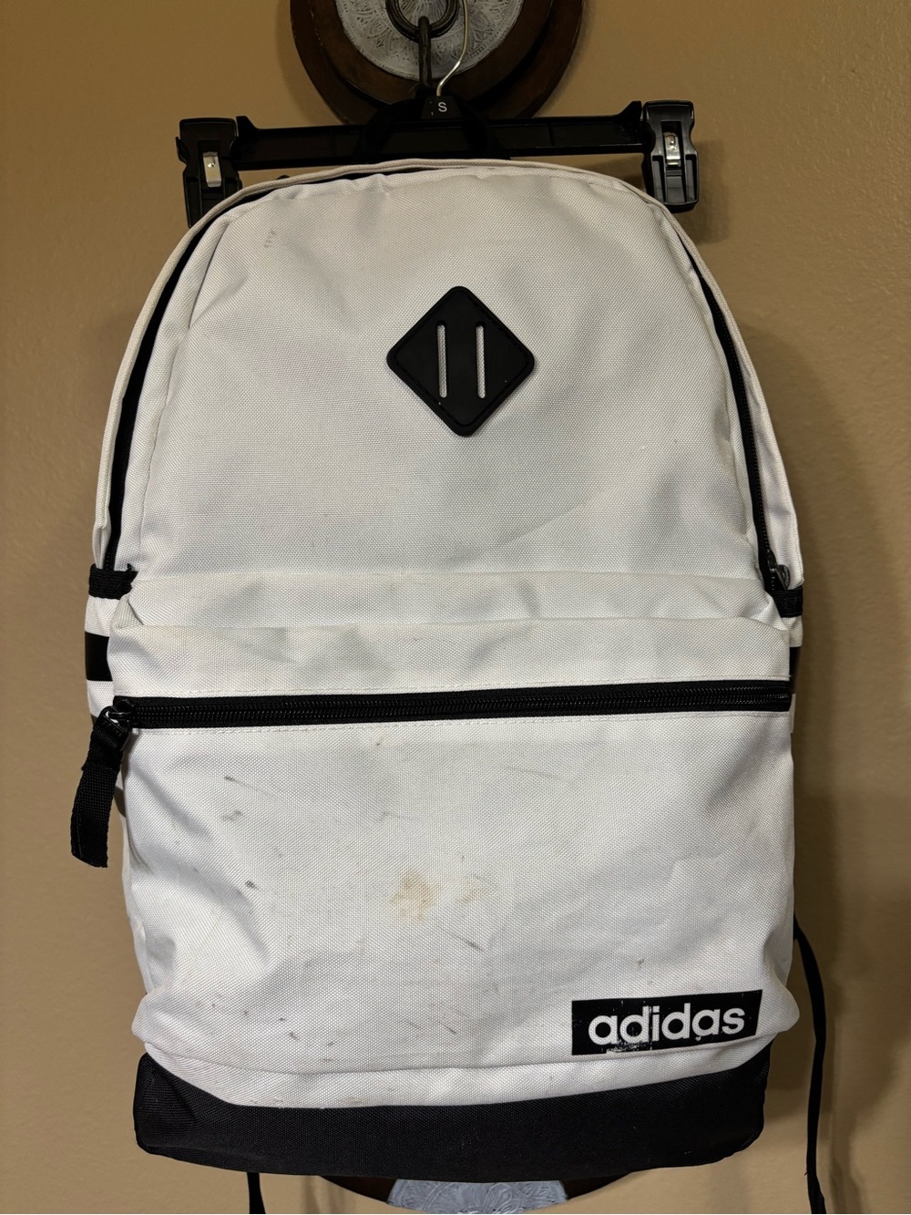 adidas White and Black Classic Backpack with Front Zip